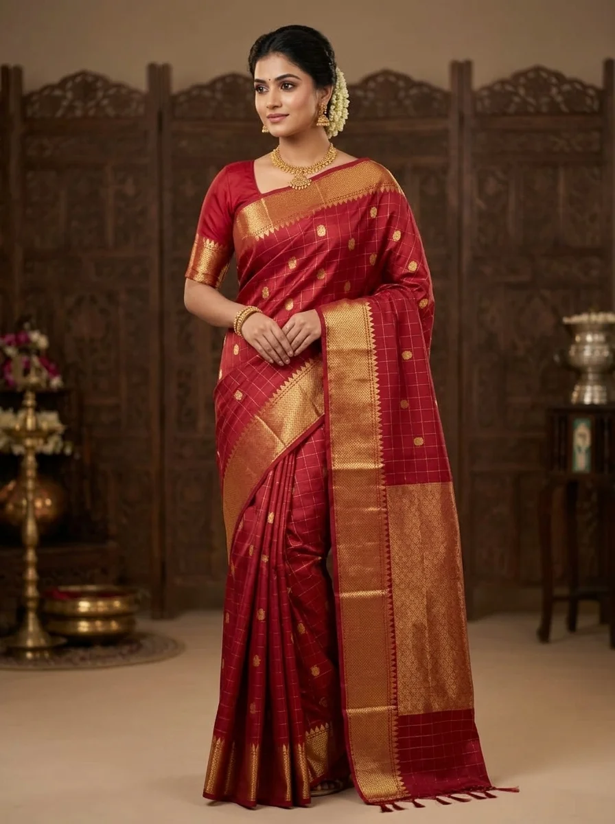 Deep Maroon and Gold Elegant Wedding Collection Traditional Silk Saree